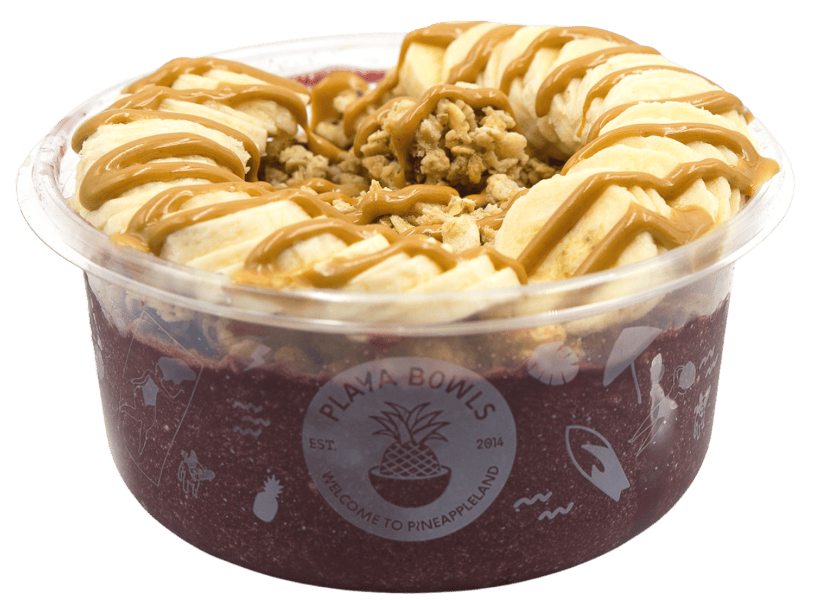 Pure acai with chocolate protein topped with granola, banana, peanut butter