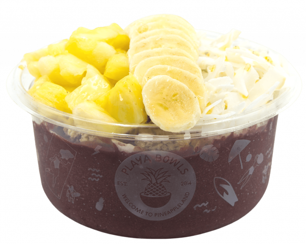 Pure acai topped with granola, banana, pineapple, coconut flakes, honey