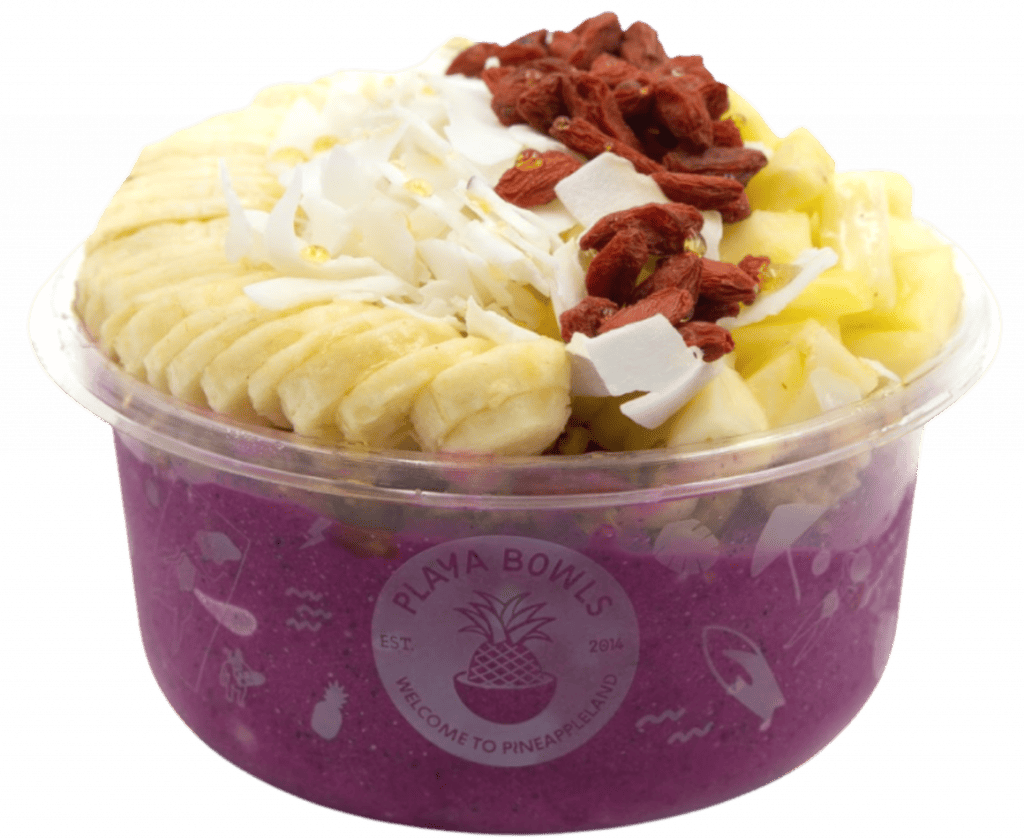 Pitaya blend topped with granola, banana, pineapple, goji berries, coconut flakes, honey