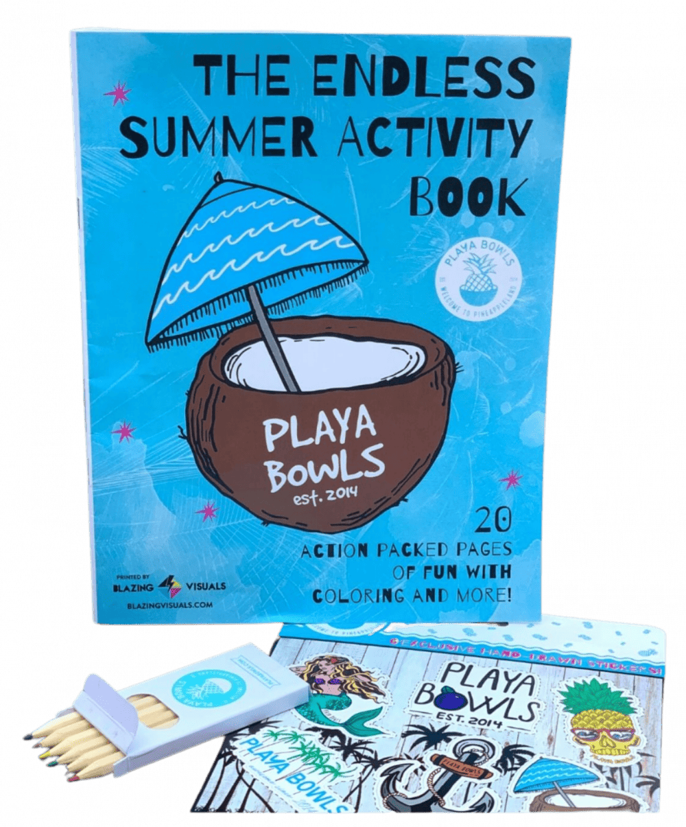endless summer activity book, a Playa Bowls sticker sheet and colored pencils